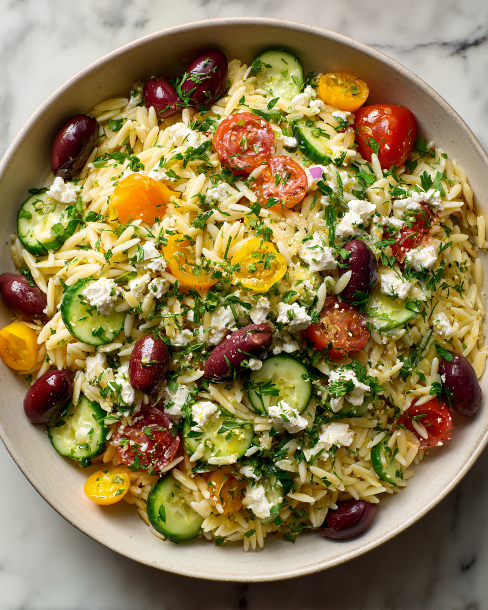 Ensalada fresca de orégano con orzo, vegetales y queso feta, ideal para el verano y picnics. Sabor mediterráneo en cada bocado.