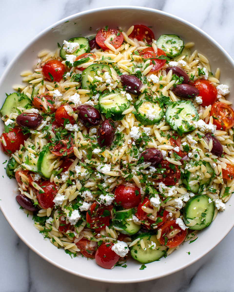 Ensalada fresca de orégano con orzo, vegetales y queso feta, ideal para el verano y picnics. Sabor mediterráneo en cada bocado.
