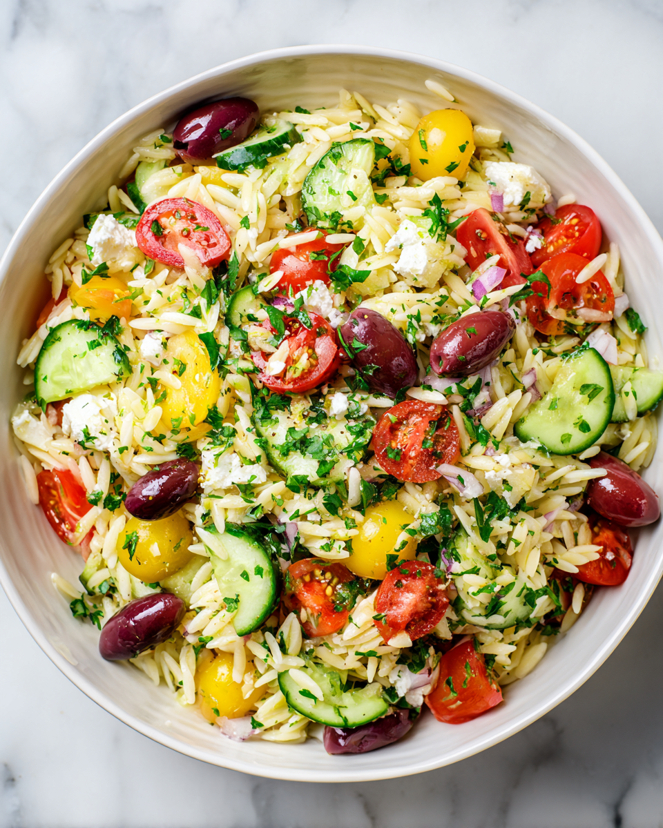 Ensalada fresca de orégano con orzo, vegetales y queso feta, ideal para el verano y picnics. Sabor mediterráneo en cada bocado.