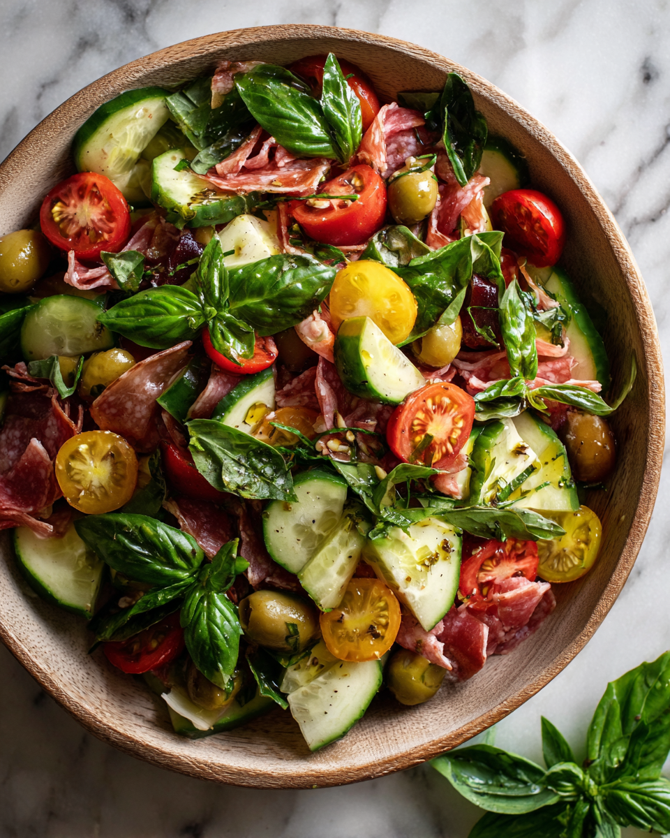 Ensalada Grinder fresca y colorida con lechuga, verduras, embutidos y queso, ideal para compartir en cualquier celebración.