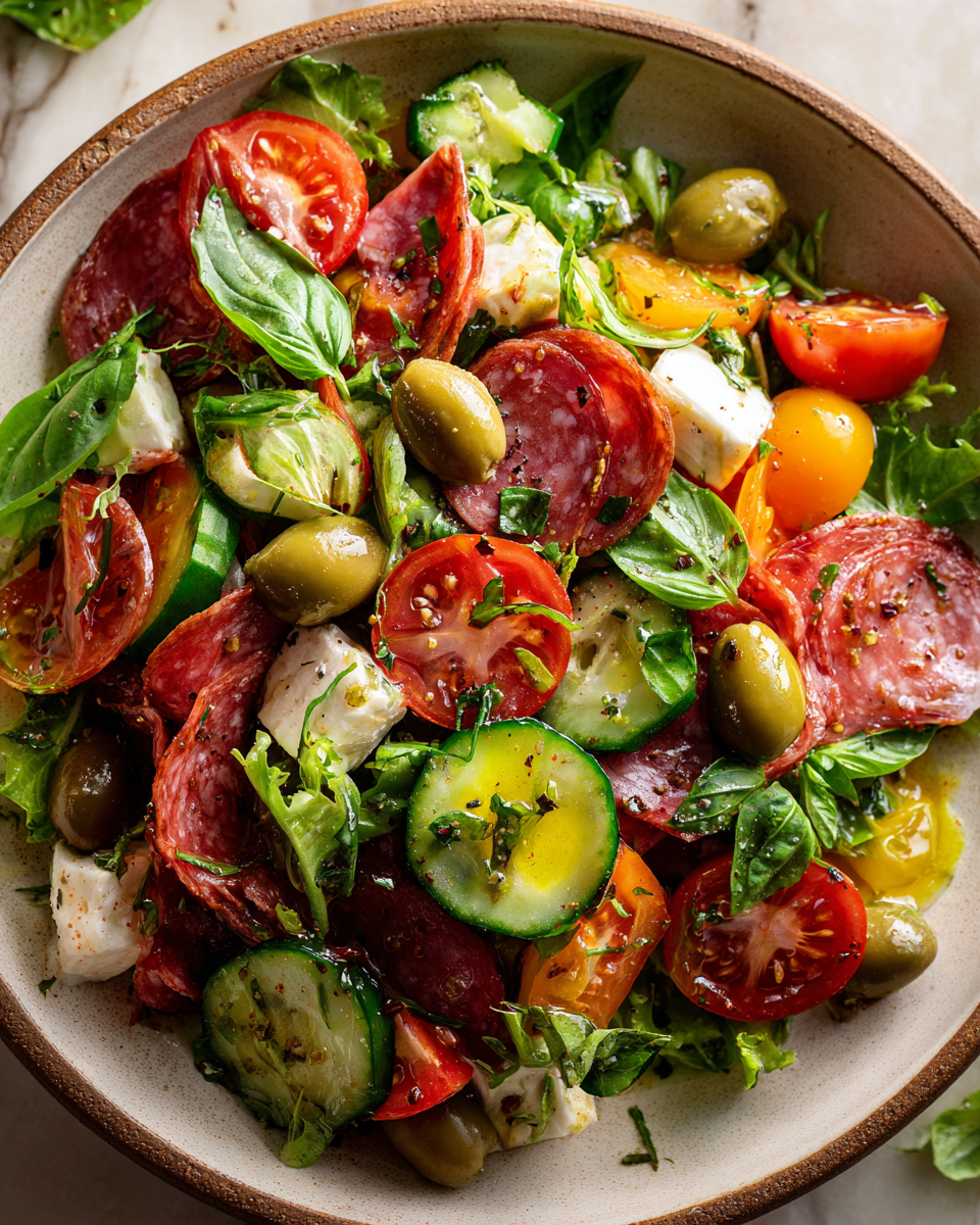 Deliciosa Ensalada Grinder para Celebraciones Ensalada Grinder fresca y colorida con lechuga, verduras, embutidos y queso, ideal para compartir en cualquier celebración.