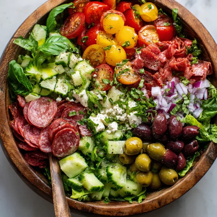 Ensalada Grinder fresca y colorida con lechuga, verduras, embutidos y queso, ideal para compartir en cualquier celebración.