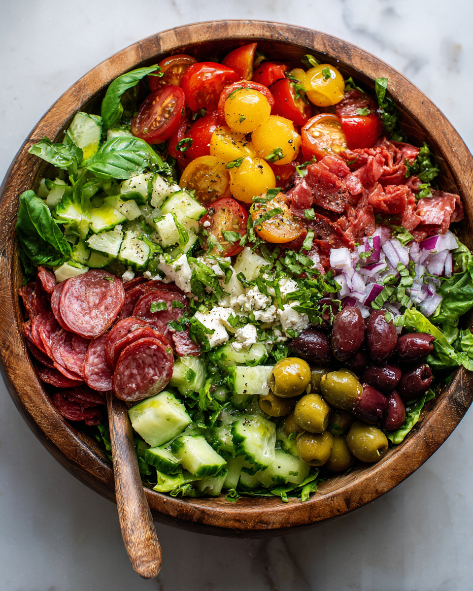 Deliciosa Ensalada Grinder para Celebraciones Ensalada Grinder fresca y colorida con lechuga, verduras, embutidos y queso, ideal para compartir en cualquier celebración.