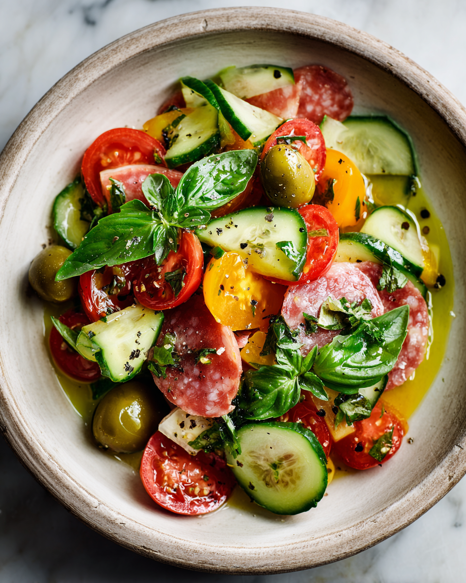 Deliciosa Ensalada Grinder para Celebraciones Ensalada Grinder fresca y colorida con lechuga, verduras, embutidos y queso, ideal para compartir en cualquier celebración.
