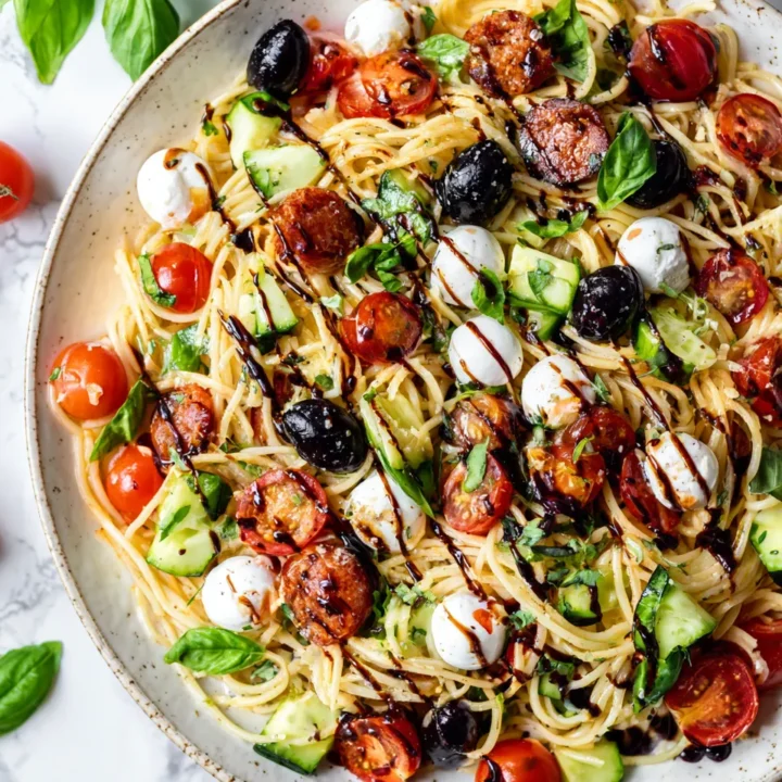 Ensalada de pasta italiana fresca con chorizo, mozzarella y verduras coloridas, ideal para el verano y compartir en reuniones.