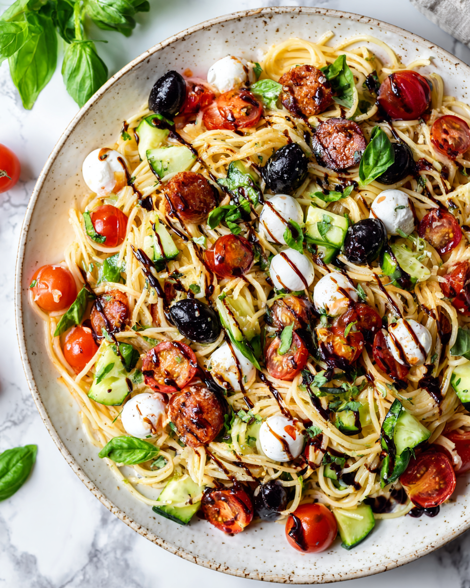 Ensalada de pasta italiana fresca con chorizo, mozzarella y verduras coloridas, ideal para el verano y compartir en reuniones.