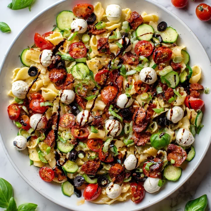 Ensalada de pasta italiana fresca con chorizo, mozzarella y verduras coloridas, ideal para el verano y compartir en reuniones.