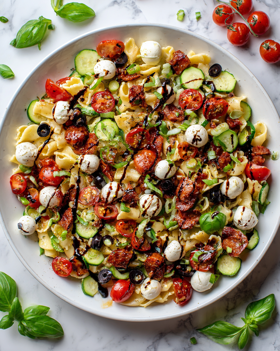 Ensalada de pasta italiana fresca con chorizo, mozzarella y verduras coloridas, ideal para el verano y compartir en reuniones.