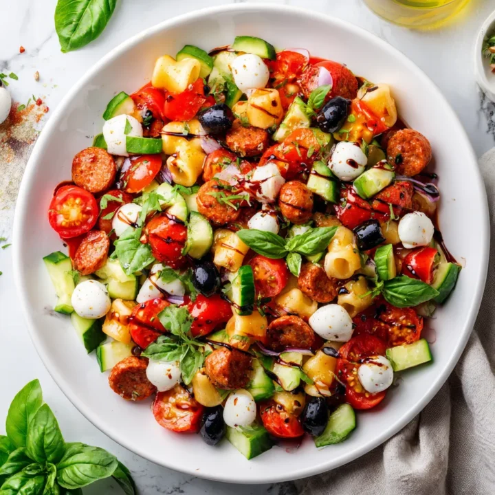 Ensalada de pasta italiana fresca con chorizo, mozzarella y verduras coloridas, ideal para el verano y compartir en reuniones.