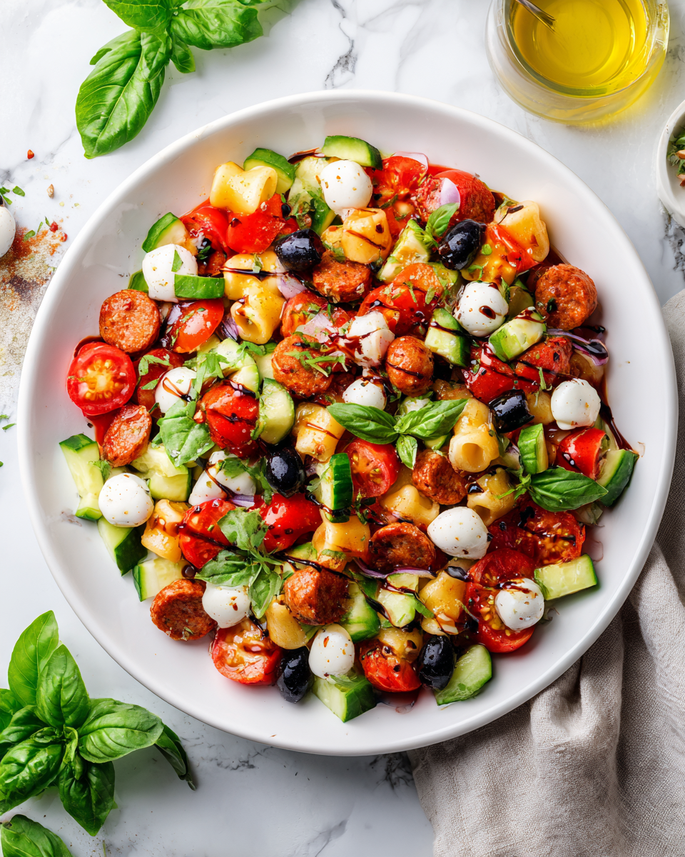 Ensalada de pasta italiana fresca con chorizo, mozzarella y verduras coloridas, ideal para el verano y compartir en reuniones.