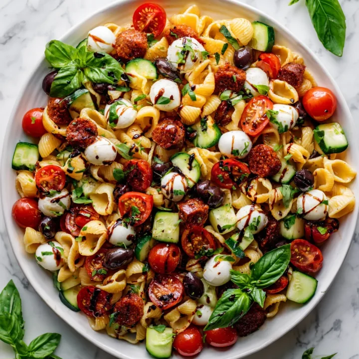 Ensalada de pasta italiana fresca con chorizo, mozzarella y verduras coloridas, ideal para el verano y compartir en reuniones.