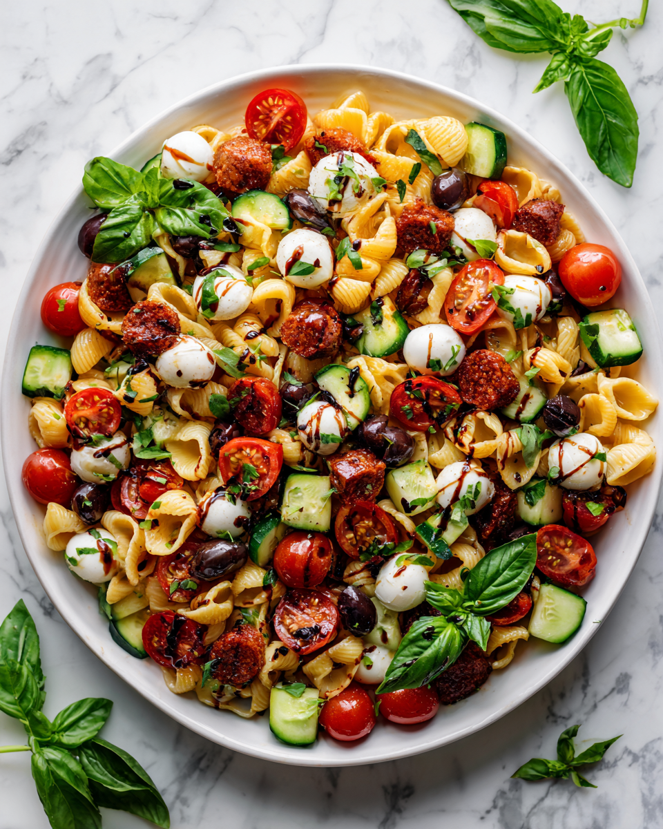 Ensalada de pasta italiana fresca con chorizo, mozzarella y verduras coloridas, ideal para el verano y compartir en reuniones.