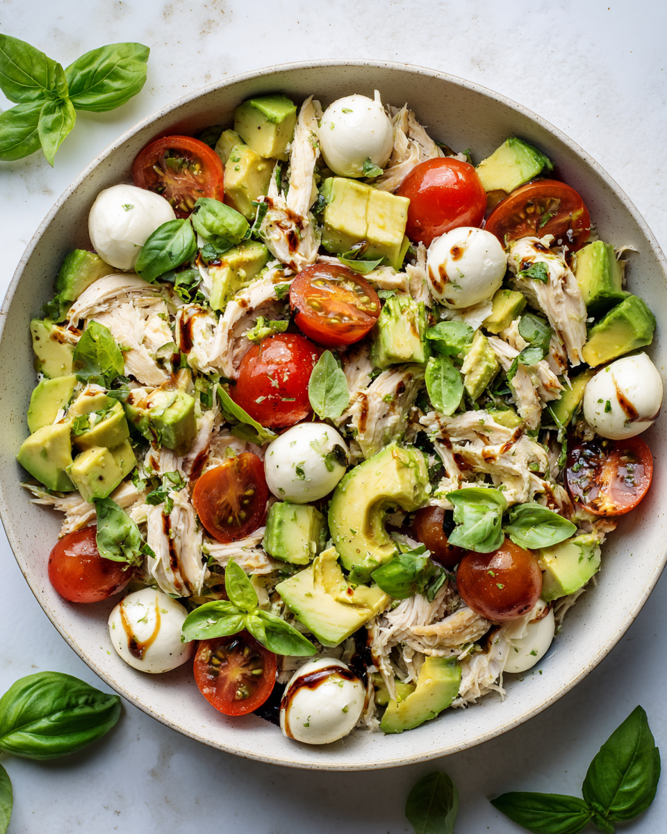Deliciosa Ensalada de Pollo y Aguacate Caprese para Verano Ensalada de pollo y aguacate caprese fresca y deliciosa para el verano