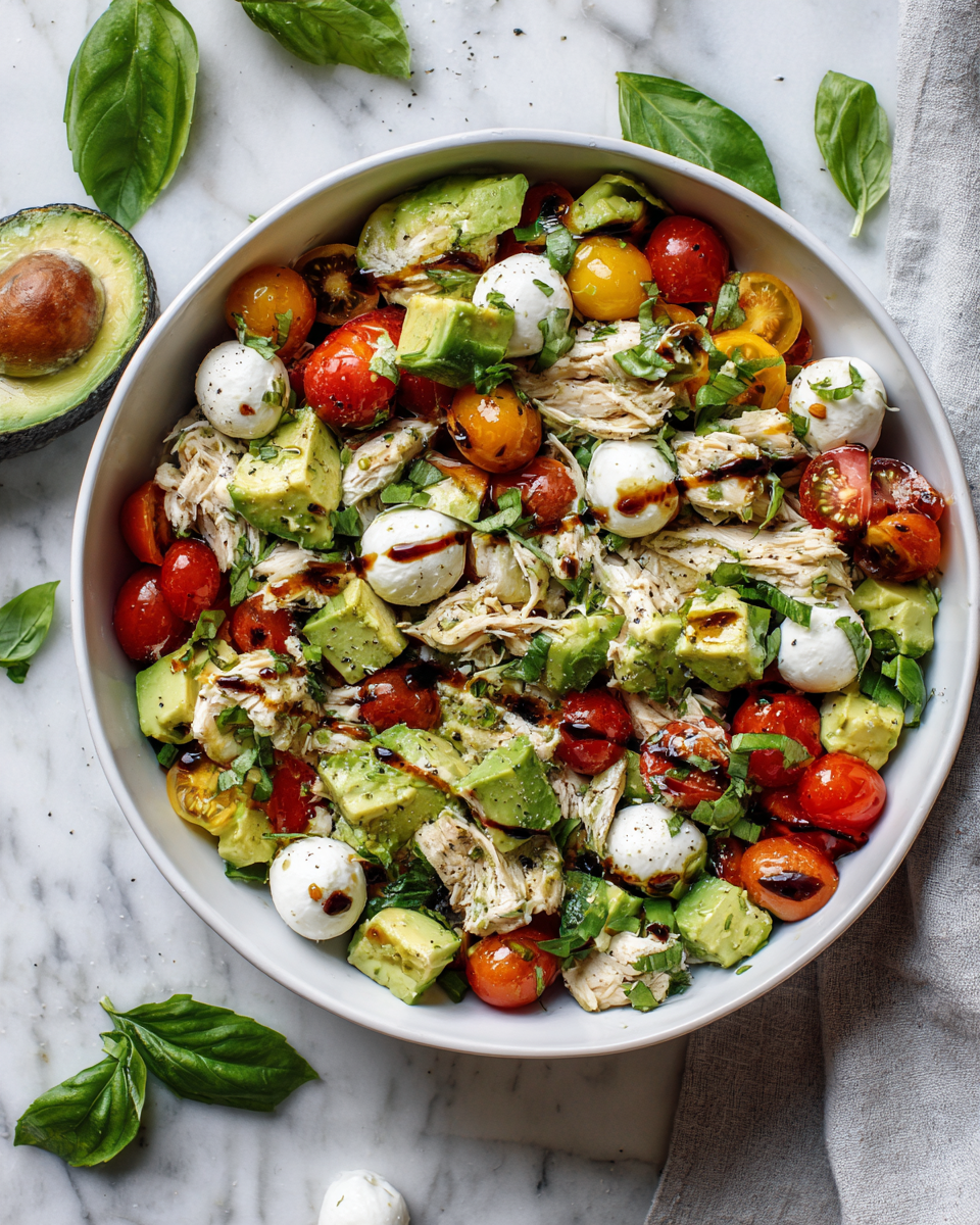 Deliciosa Ensalada de Pollo y Aguacate Caprese para Verano Ensalada de pollo y aguacate caprese fresca y deliciosa para el verano