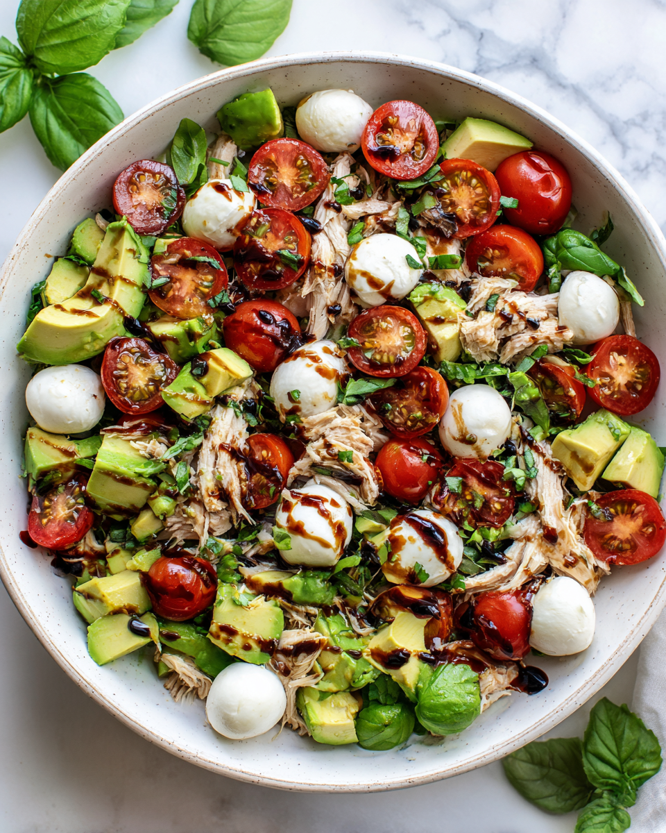 Deliciosa Ensalada de Pollo y Aguacate Caprese para Verano Ensalada de pollo y aguacate caprese fresca y deliciosa para el verano