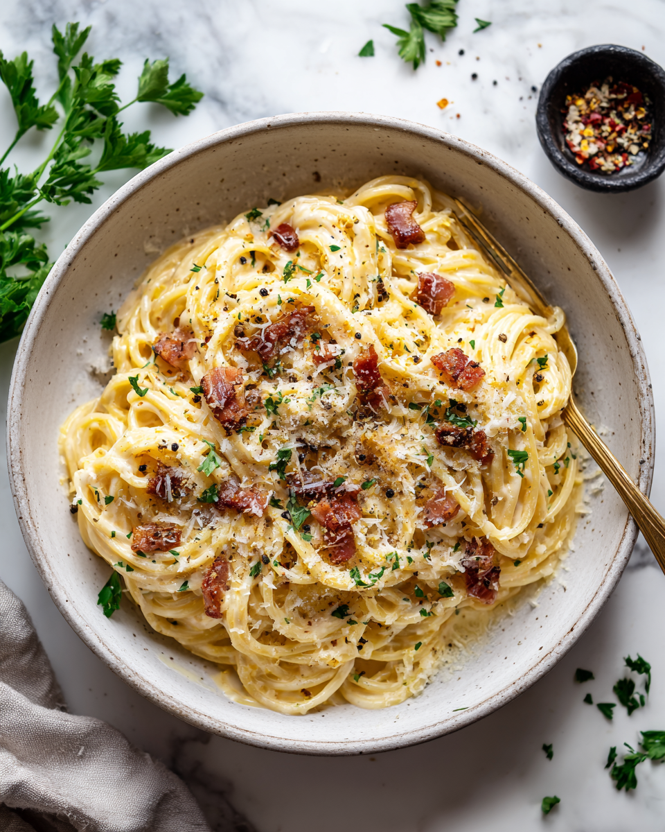 Espaguetis carbonara frescos, receta italiana rápida y fácil, perfecta para compartir en familia.