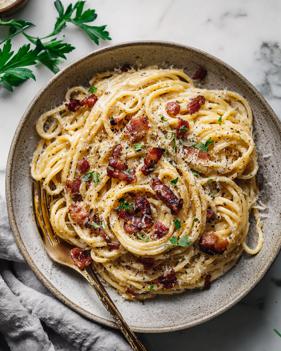 Espaguetis carbonara frescos, receta italiana rápida y fácil, perfecta para compartir en familia.