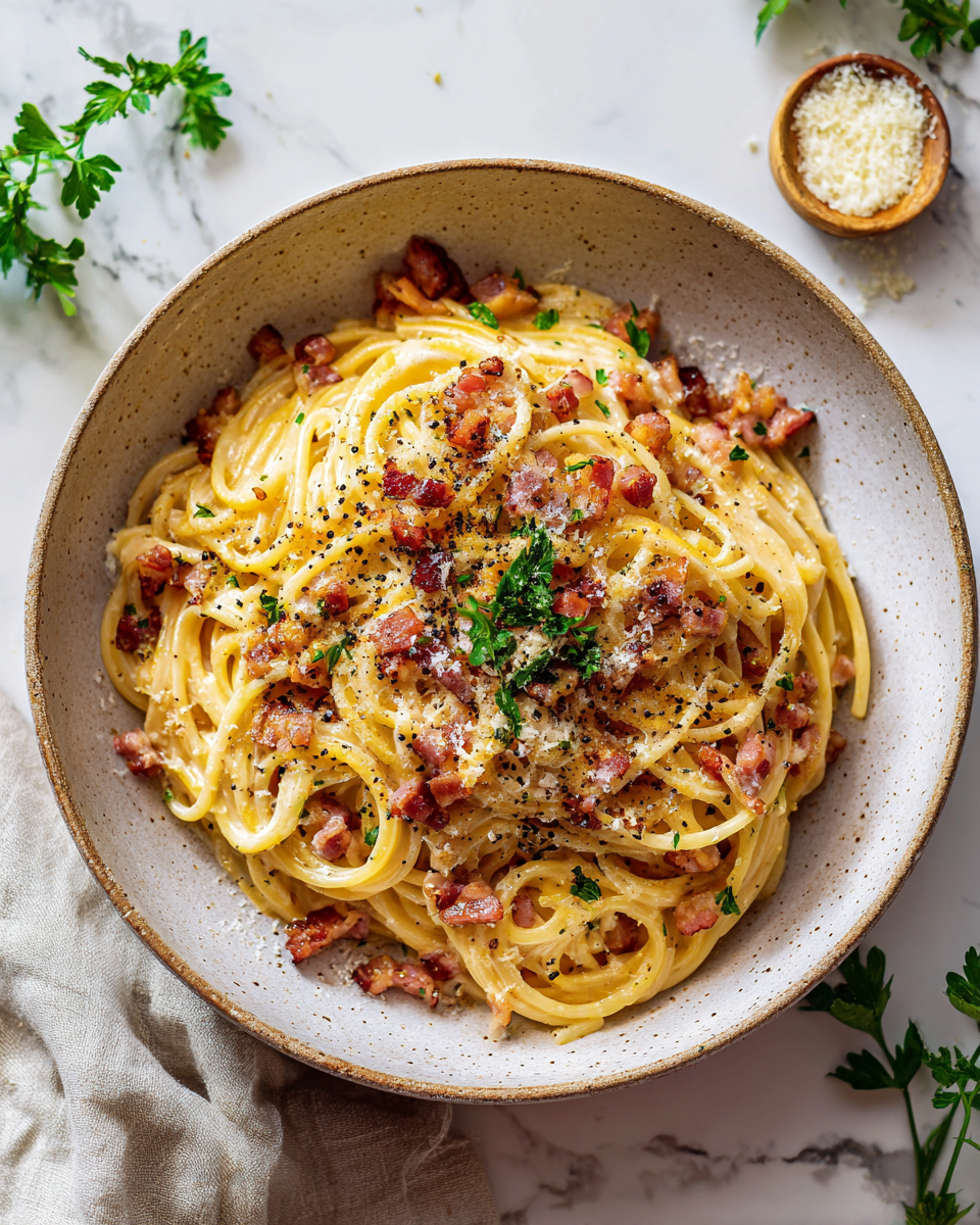 Espaguetis carbonara frescos, receta italiana rápida y fácil, perfecta para compartir en familia.
