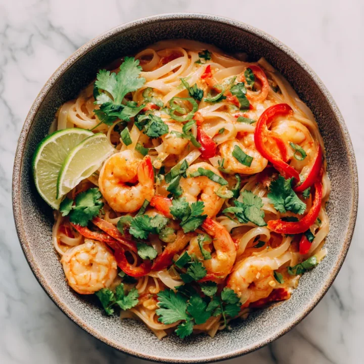 Deliciosos fideos de camarones al coco con verduras frescas, ideales para compartir en primavera, receta fácil y rápida.