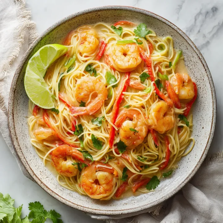Deliciosos fideos de camarones al coco con verduras frescas, ideales para compartir en primavera, receta fácil y rápida.