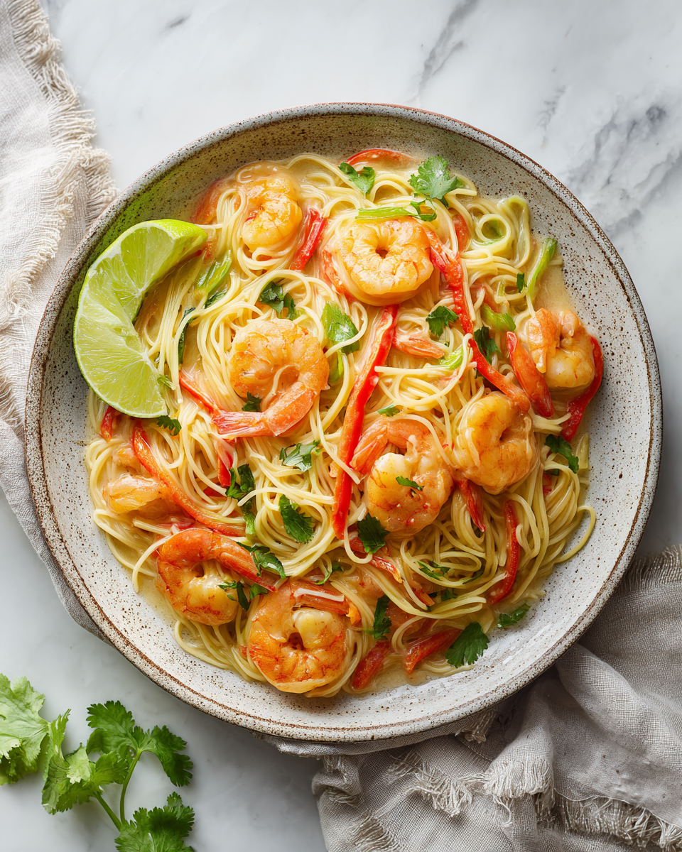 Fideos de Camarones al Coco para Compartir Deliciosos fideos de camarones al coco con verduras frescas, ideales para compartir en primavera, receta fácil y rápida.