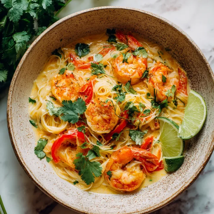 Deliciosos fideos de camarones al coco con verduras frescas, ideales para compartir en primavera, receta fácil y rápida.