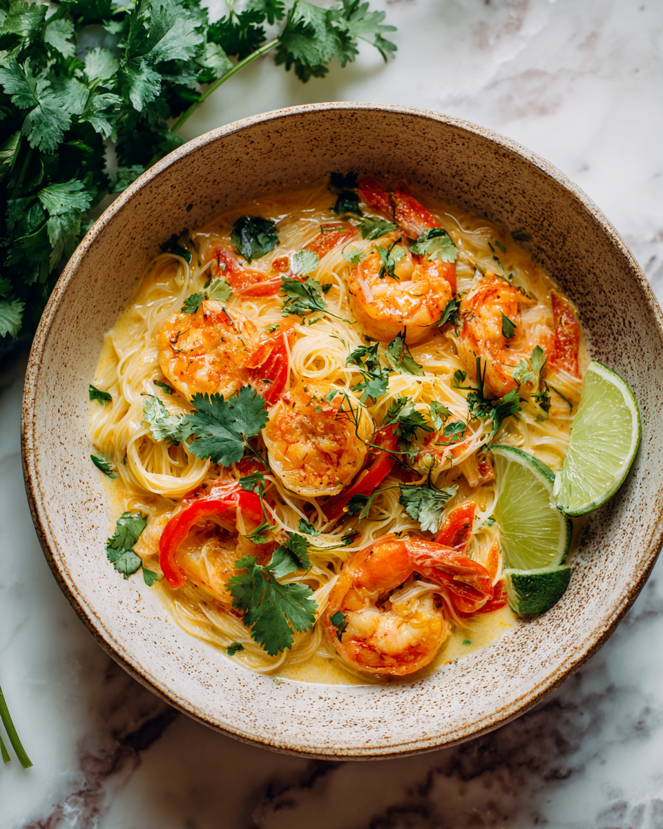 Fideos de Camarones al Coco para Compartir Deliciosos fideos de camarones al coco con verduras frescas, ideales para compartir en primavera, receta fácil y rápida.