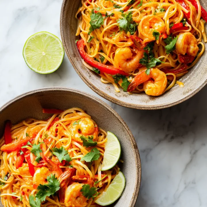 Deliciosos fideos de camarones al coco con verduras frescas, ideales para compartir en primavera, receta fácil y rápida.