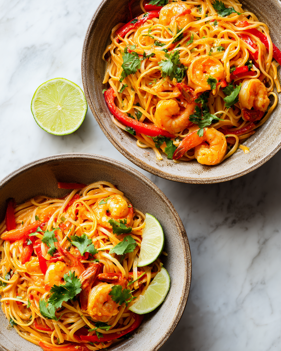 Fideos de Camarones al Coco para Compartir Deliciosos fideos de camarones al coco con verduras frescas, ideales para compartir en primavera, receta fácil y rápida.