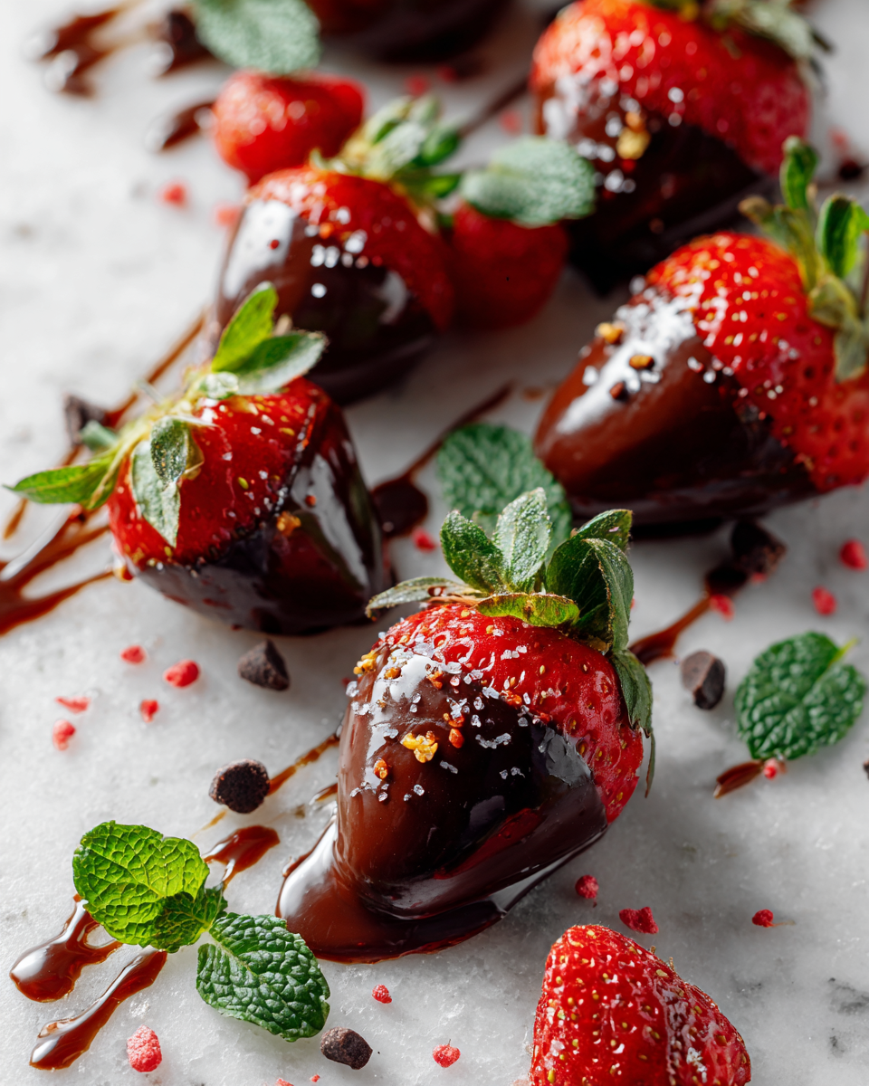 Fresas frescas bañadas en chocolate oscuro, un delicioso postre primaveral ideal para compartir en celebraciones.
