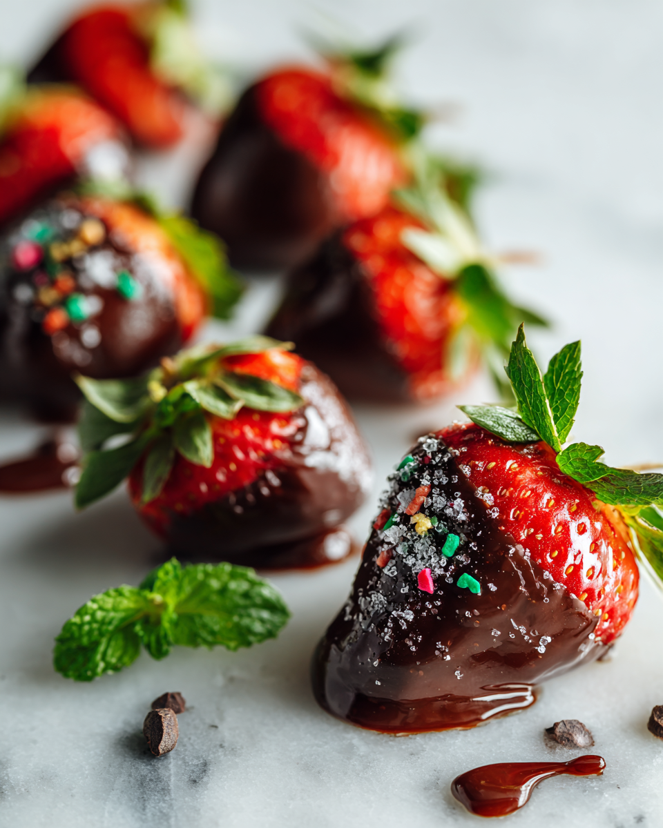 Fresas frescas bañadas en chocolate oscuro, un delicioso postre primaveral ideal para compartir en celebraciones.