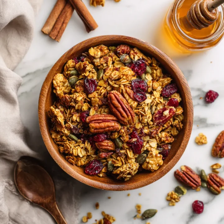 Deliciosa Granola de Nuez Pecana para el Otoño Granola casera con nuez pecana, avena y jarabe de arce, ideal para desayunos y snacks saludables.