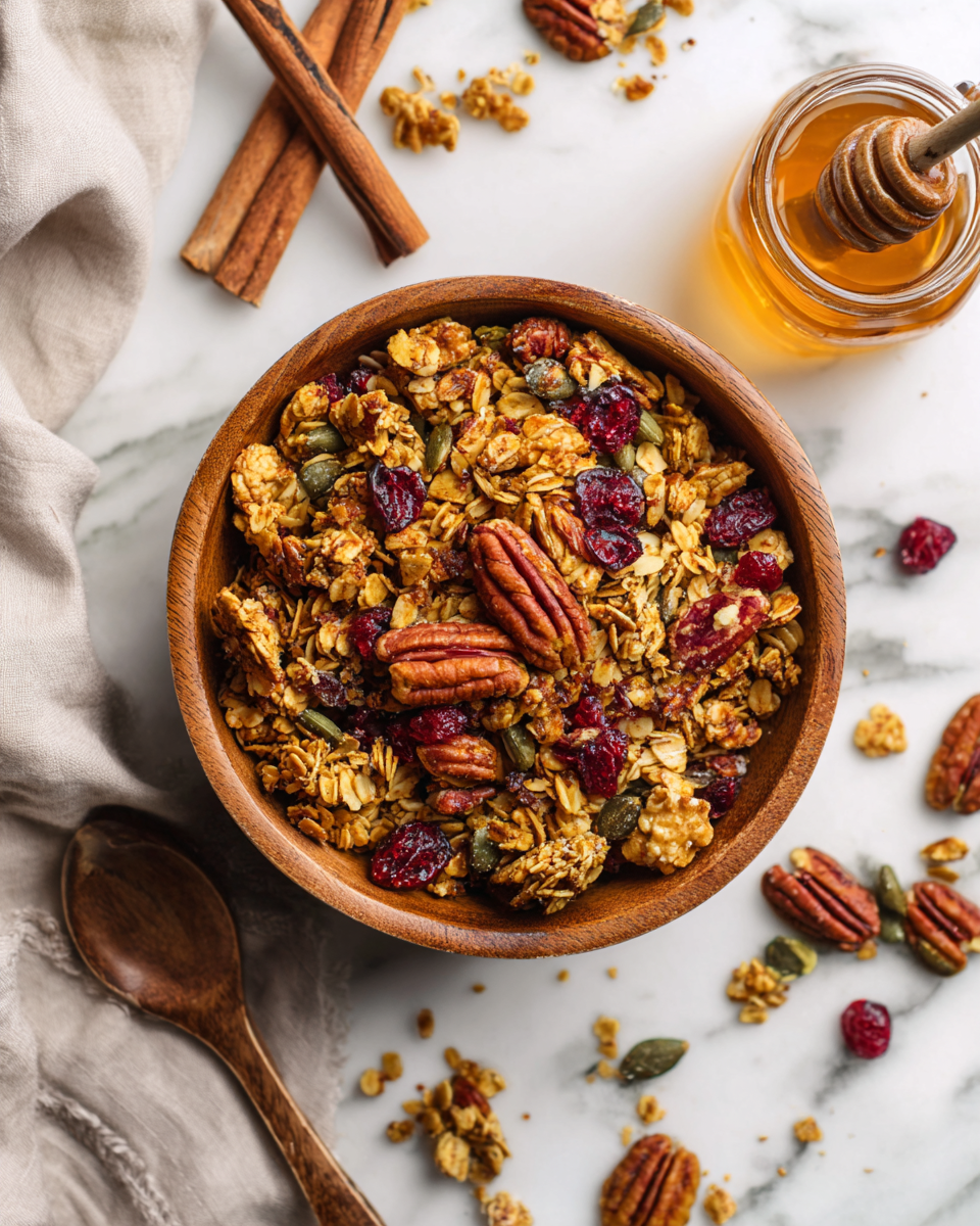 Granola casera con nuez pecana, avena y jarabe de arce, ideal para desayunos y snacks saludables.