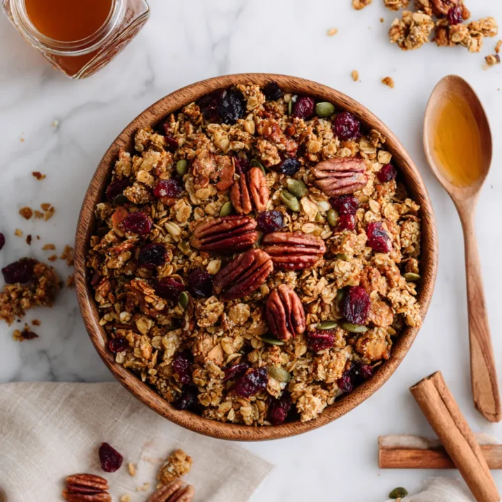 Deliciosa Granola de Nuez Pecana para el Otoño Granola casera con nuez pecana, avena y jarabe de arce, ideal para desayunos y snacks saludables.