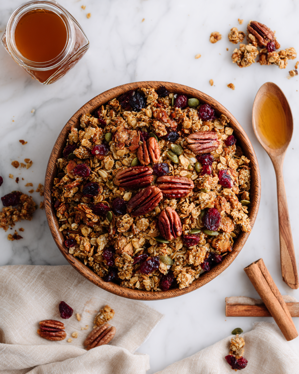 Granola casera con nuez pecana, avena y jarabe de arce, ideal para desayunos y snacks saludables.