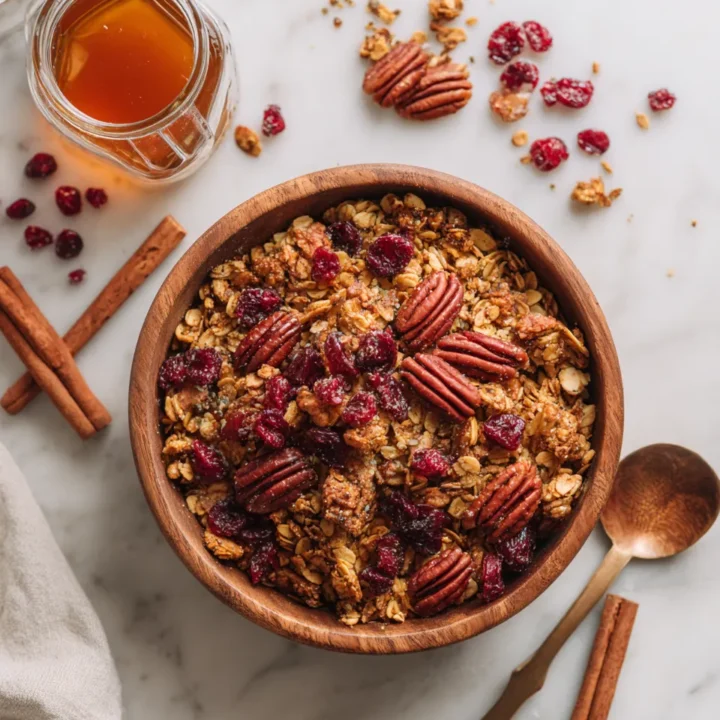 Deliciosa Granola de Nuez Pecana para el Otoño Granola casera con nuez pecana, avena y jarabe de arce, ideal para desayunos y snacks saludables.