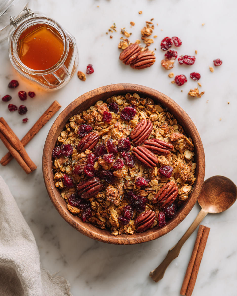 Granola casera con nuez pecana, avena y jarabe de arce, ideal para desayunos y snacks saludables.