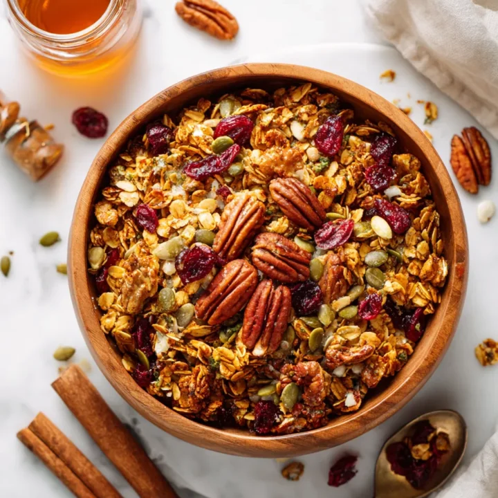 Deliciosa Granola de Nuez Pecana para el Otoño Granola casera con nuez pecana, avena y jarabe de arce, ideal para desayunos y snacks saludables.