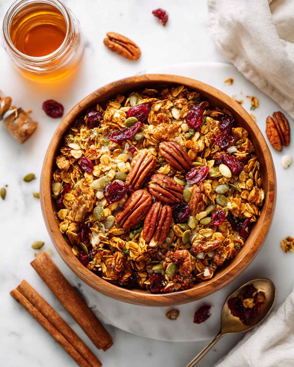 Granola casera con nuez pecana, avena y jarabe de arce, ideal para desayunos y snacks saludables.