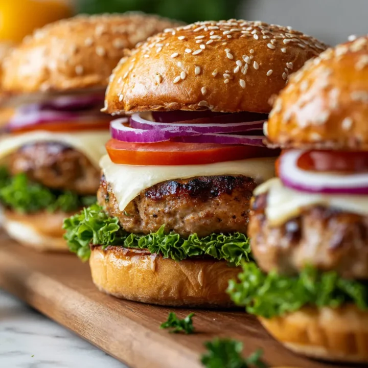 Hamburguesas de pavo aplastadas jugosas con queso derretido en pan suave, perfectas para reuniones. Receta rápida y deliciosa.