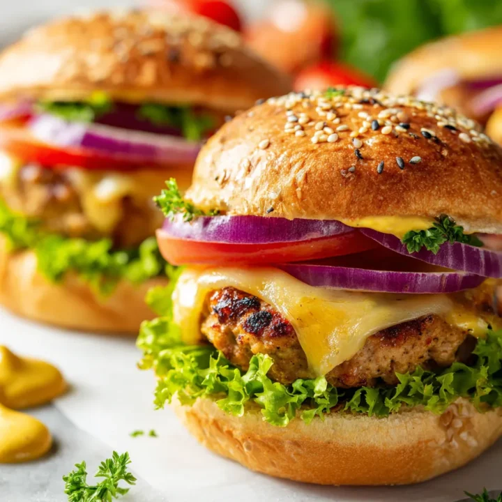 Hamburguesas de pavo aplastadas jugosas con queso derretido en pan suave, perfectas para reuniones. Receta rápida y deliciosa.