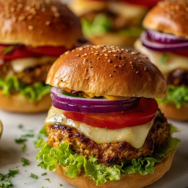 Hamburguesas de pavo aplastadas jugosas con queso derretido en pan suave, perfectas para reuniones. Receta rápida y deliciosa.