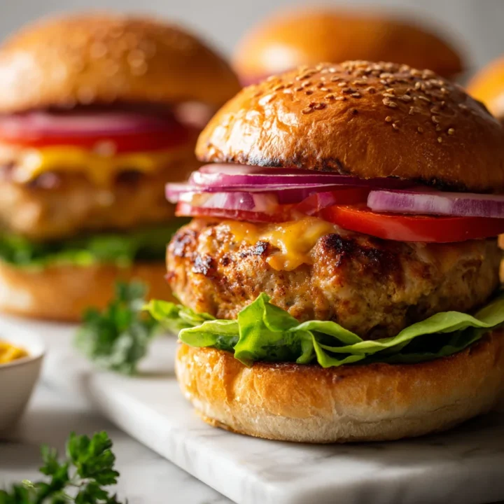 Hamburguesas de pavo aplastadas jugosas con queso derretido en pan suave, perfectas para reuniones. Receta rápida y deliciosa.