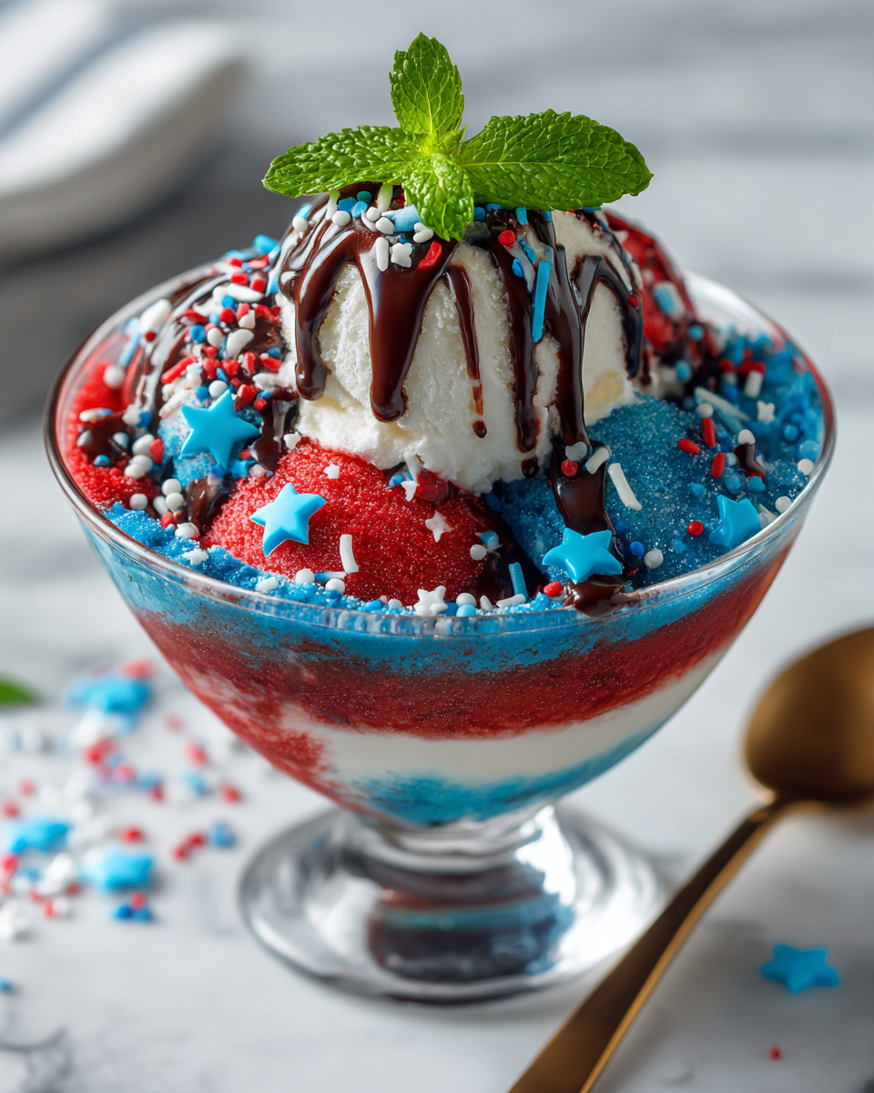 Delicioso helado patriótico casero con capas de color rojo, blanco y azul, ideal para celebrar fiestas en familia.