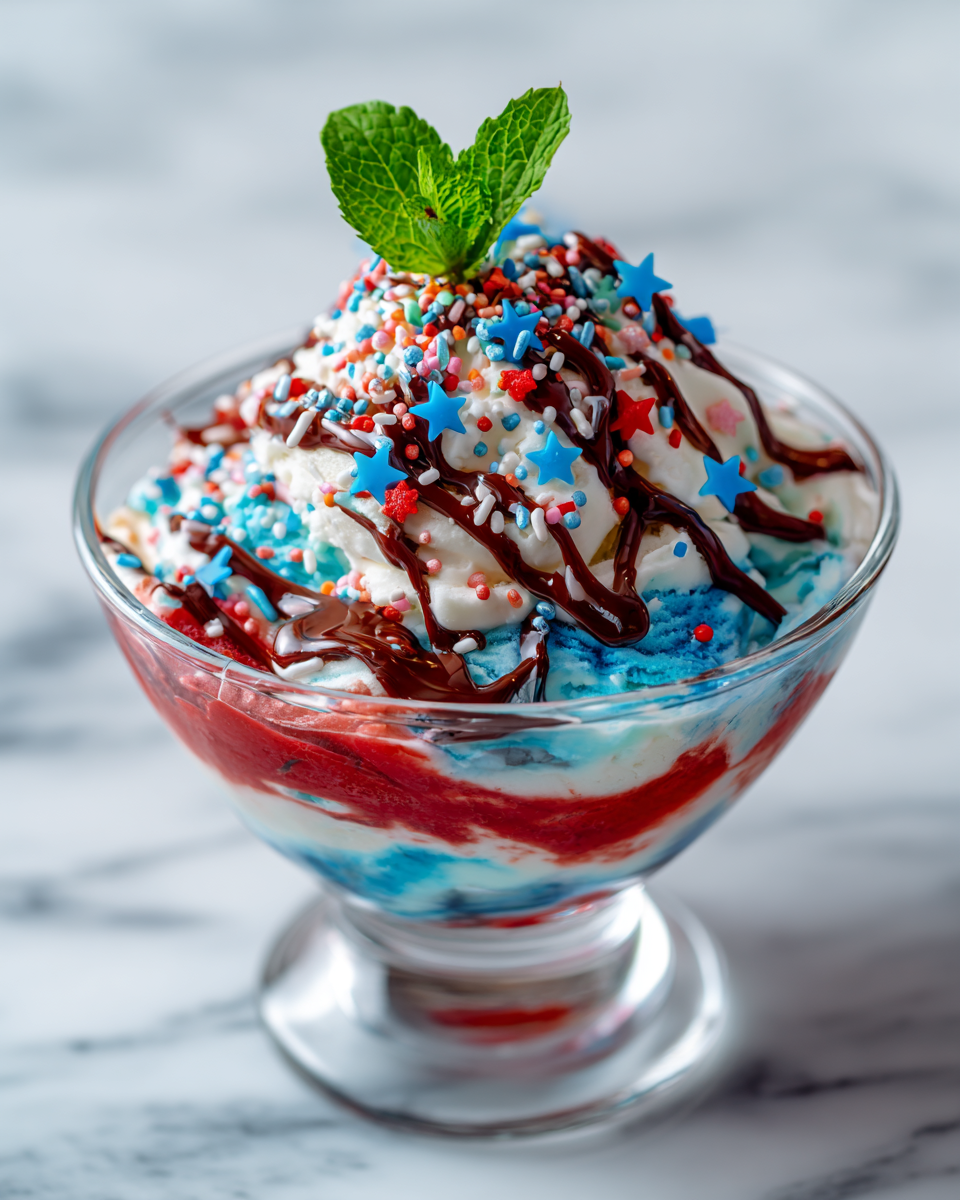 Delicioso helado patriótico casero con capas de color rojo, blanco y azul, ideal para celebrar fiestas en familia.