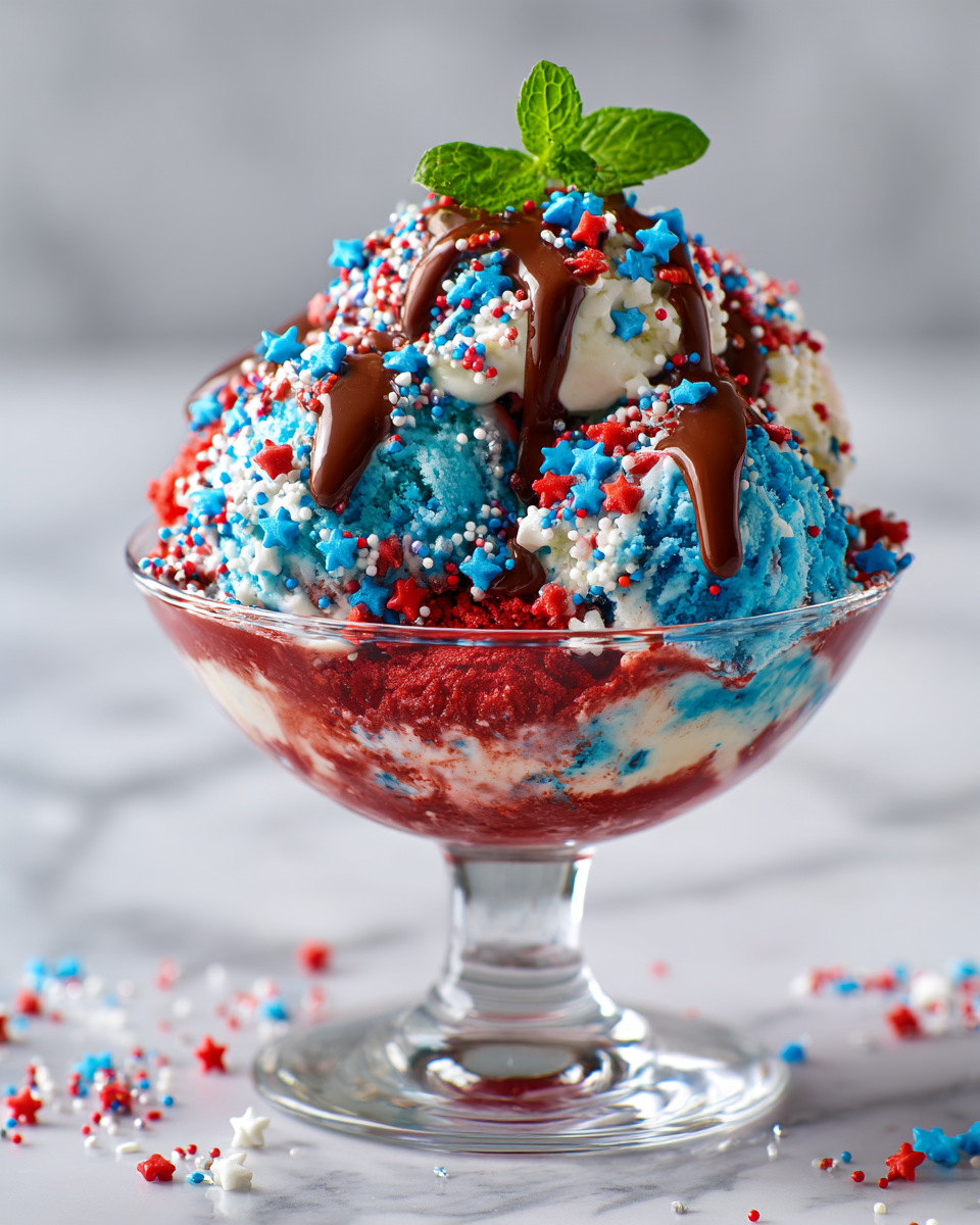 Delicioso helado patriótico casero con capas de color rojo, blanco y azul, ideal para celebrar fiestas en familia.