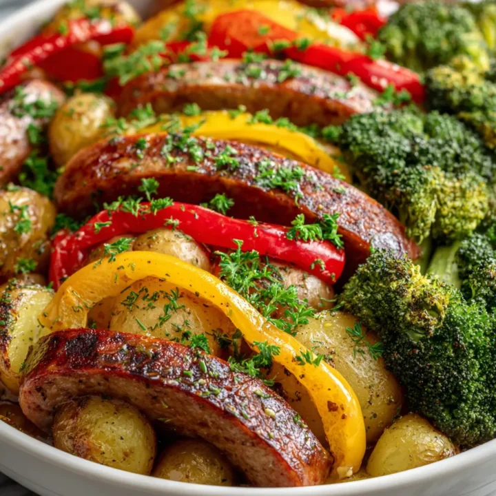 Deliciosa Kielbasa con Verduras de Otoño Kielbasa con verduras frescas de otoño en una sartén.