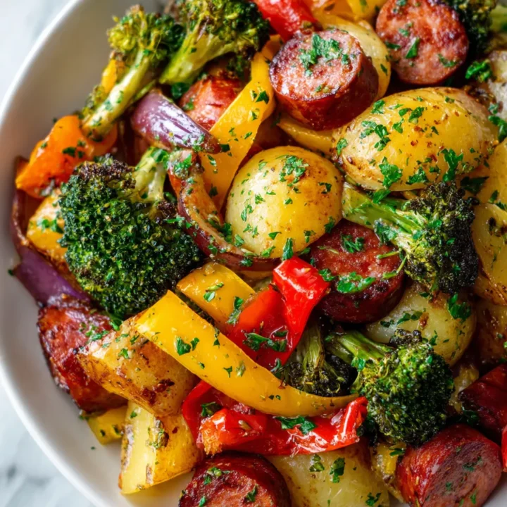 Deliciosa Kielbasa con Verduras de Otoño Kielbasa con verduras frescas de otoño en una sartén.