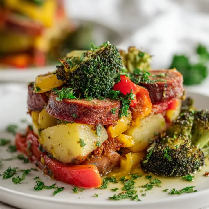 Deliciosa Kielbasa con Verduras de Otoño Kielbasa con verduras frescas de otoño en una sartén.