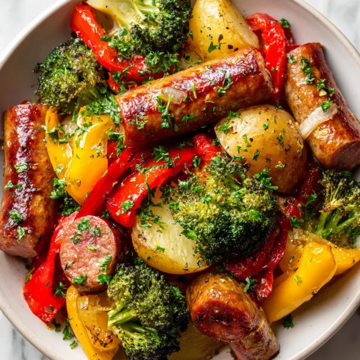 Deliciosa Kielbasa con Verduras de Otoño Kielbasa con verduras frescas de otoño en una sartén.